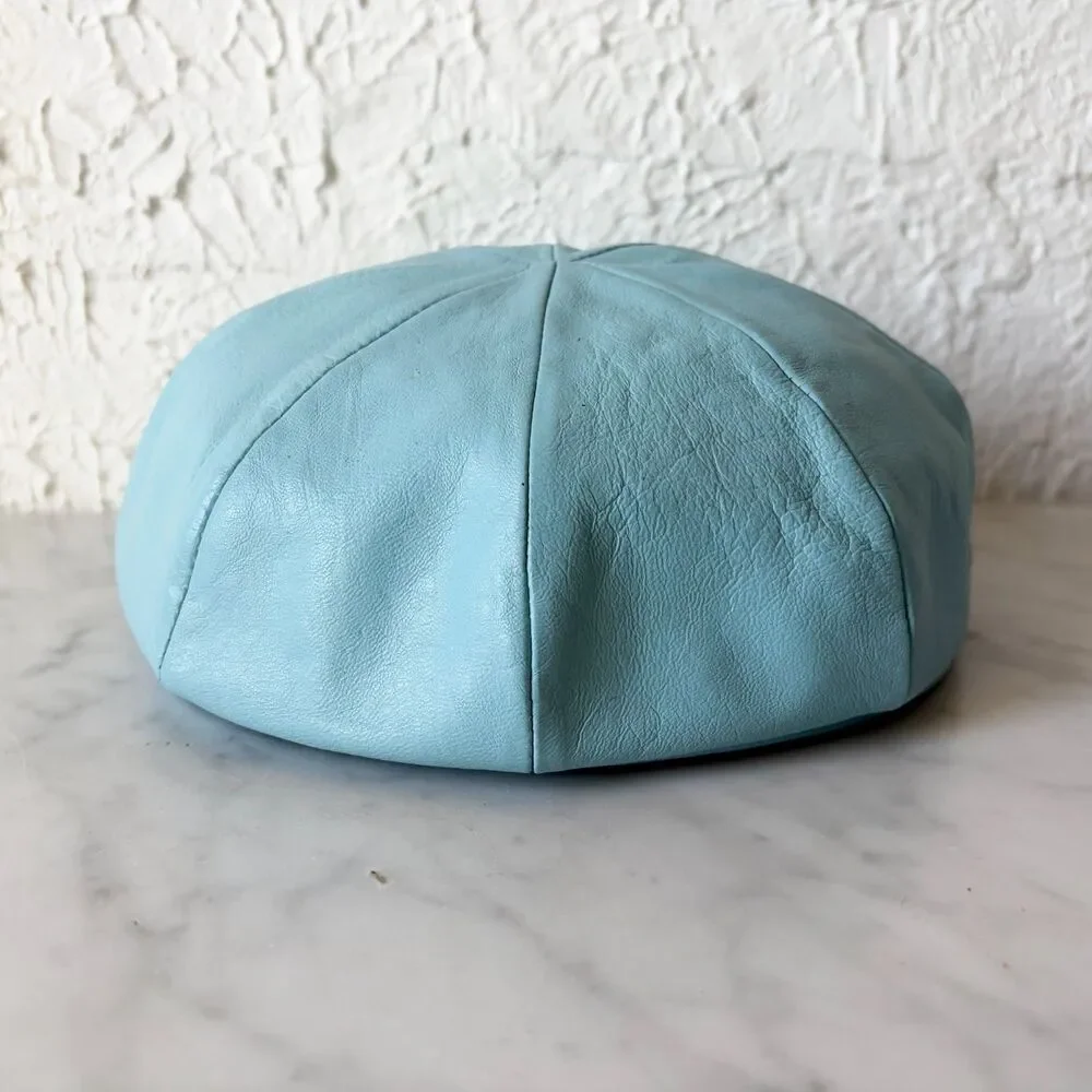 Vintage Blue Leather Newsboy Cap Beret Mod Hat Sanlea Hats New York